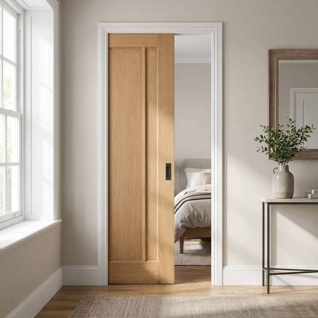 Pocket Door Set 100mm Unfinished Oak Internal 3 Panel Framed
