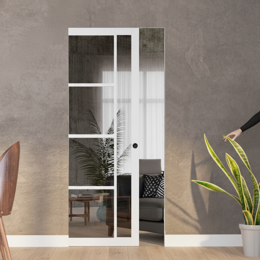 Premium White Tinted Glazed Flush Pocket Door Set with No Bottom Track and 15-Year Guarantee for Space-Saving Solutions