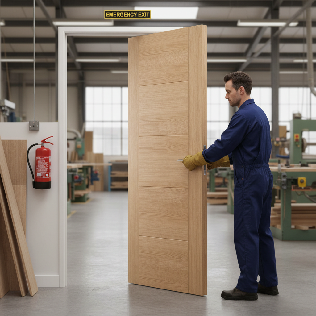 Premium Contemporary Oak Fire Door with Engineered Construction, 30 Minutes Fire Rated, and Pre-Finished Satin Lacquer