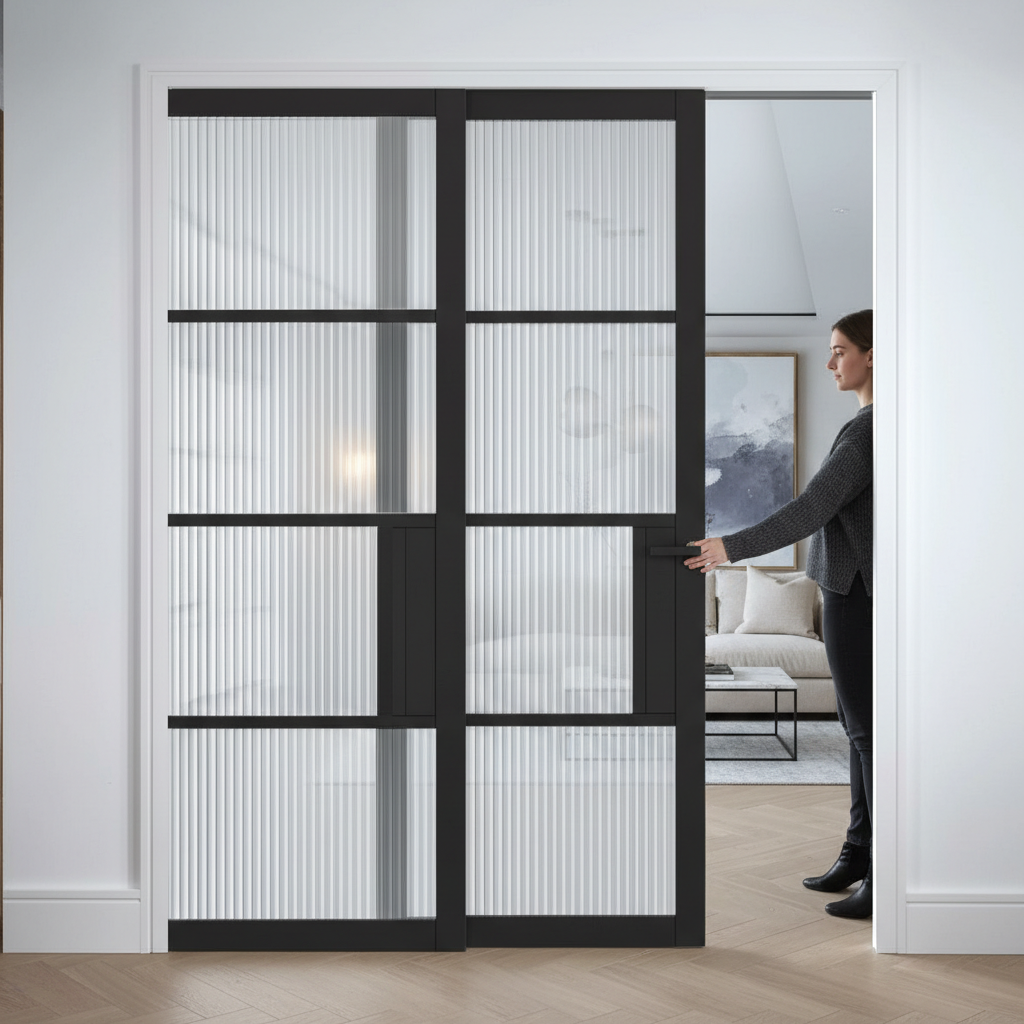 Premium Telescopic Pocket Door System with Reeded Glass Panels - Space Saving Design and Adjustable Features