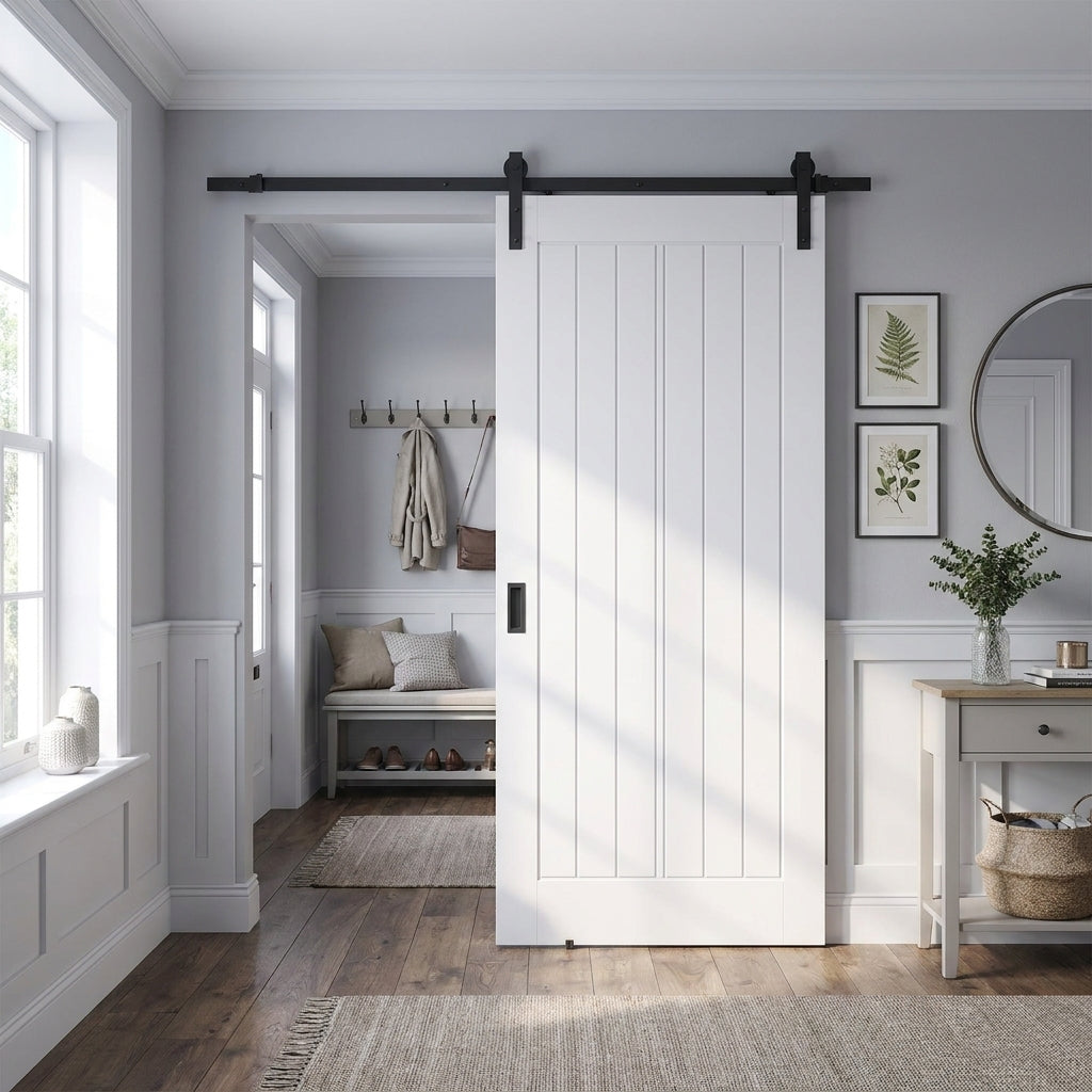 Internal White Cottage Bypass Sliding Door - Primed with Black Face Mount