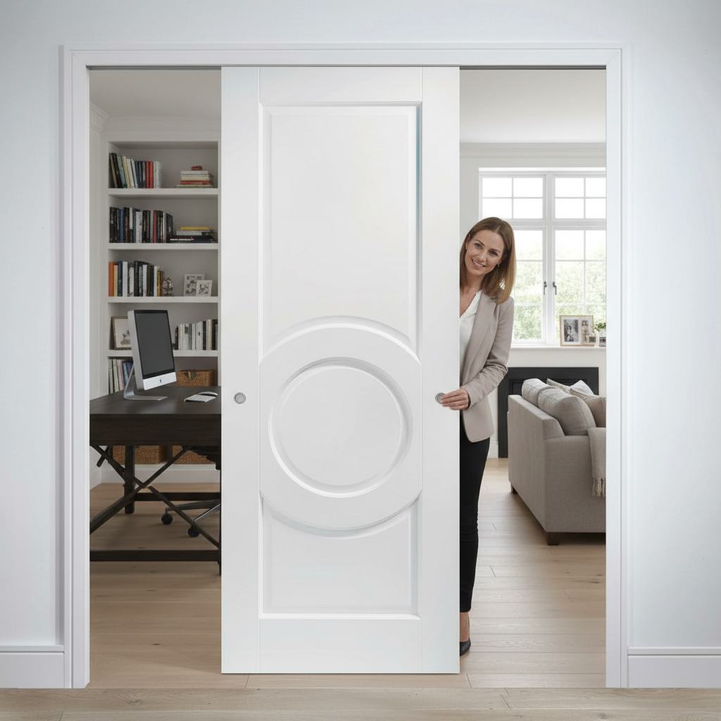 Premium White Telescopic Pocket Door System with Curved Panels and Synchronization Option for Space-Saving Solutions