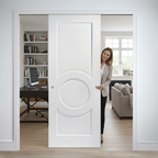 Premium White Telescopic Pocket Door System with Curved Panels and Synchronization Option for Space-Saving Solutions