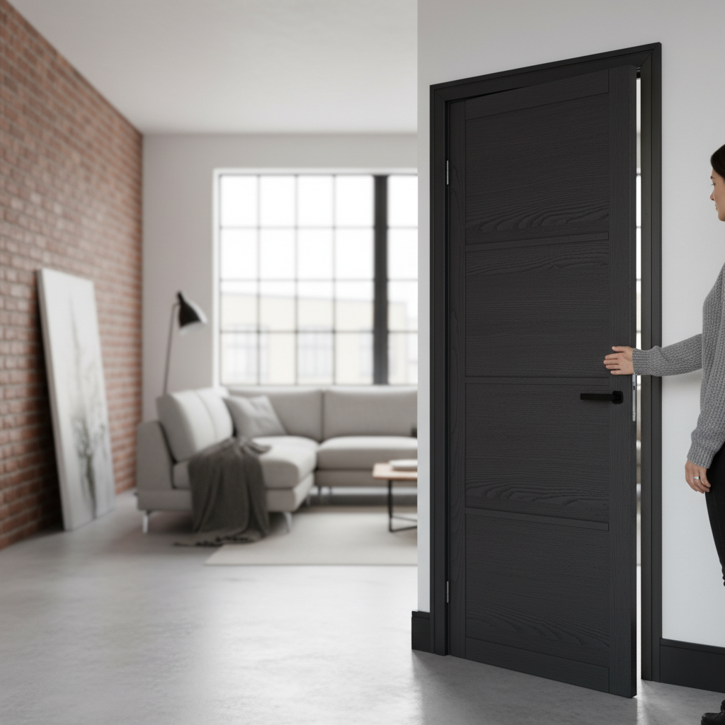 Premium Four-Panel Internal Door with Dark Charcoal Finish, Solid Engineered Core, and Ready-to-Install Design for Elegant Interiors