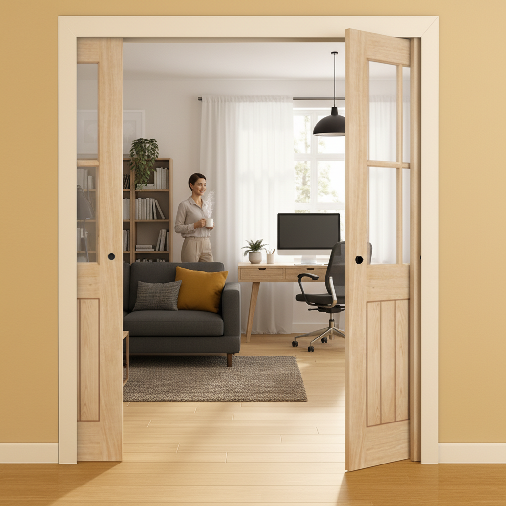 Premium Clear Glazed Double Pocket Door Set with Grooved Oak Panels and Galvanized Steel Frame for Space Efficiency