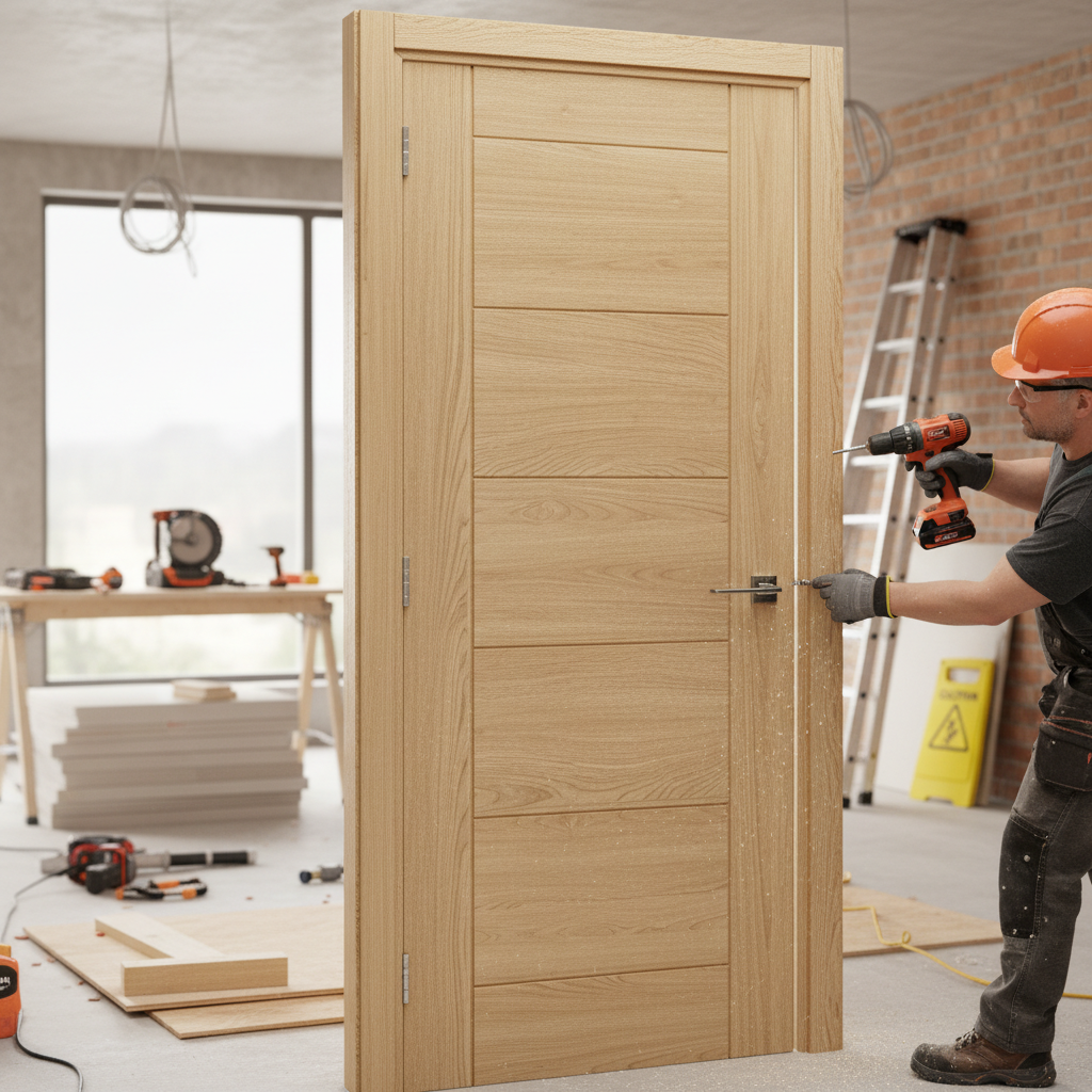 Premium Oak Internal Door with Horizontal and Vertical V Grooves, Solid Core, Fire Door Options Available, Fully Finished