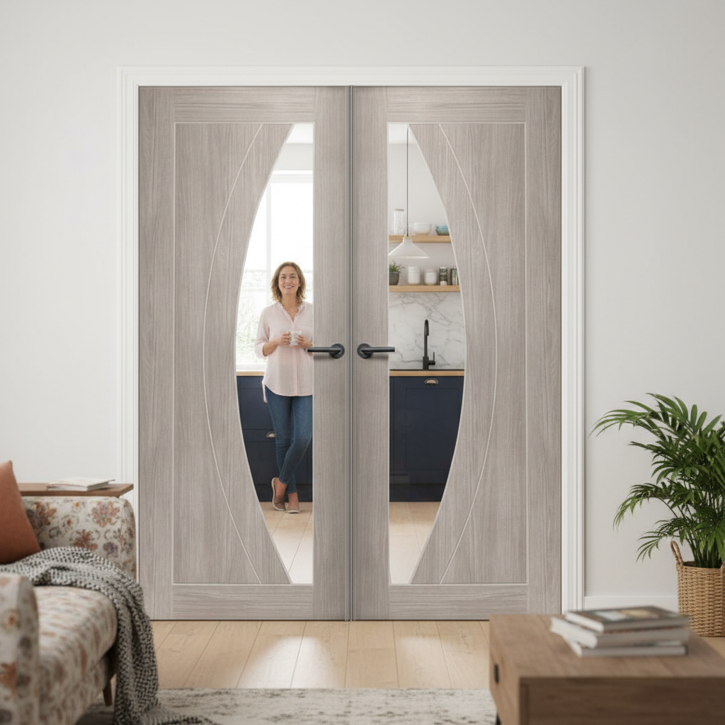 Premium Contemporary White Grey Laminated Door Pair with Clear Glazed Design and Hard Wearing Performance