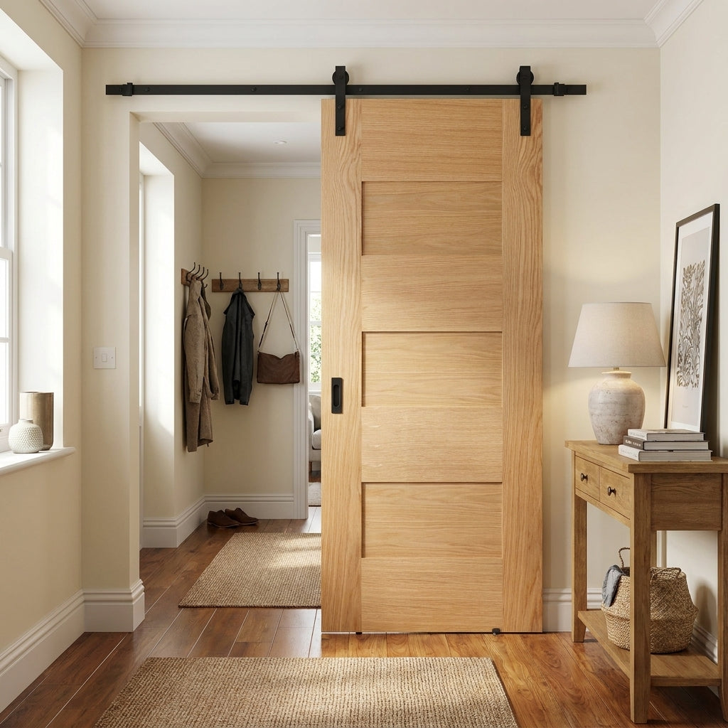 Internal Oak Sliding Door, Fully Finished, Edison 7 Panel, Black Top Mounted