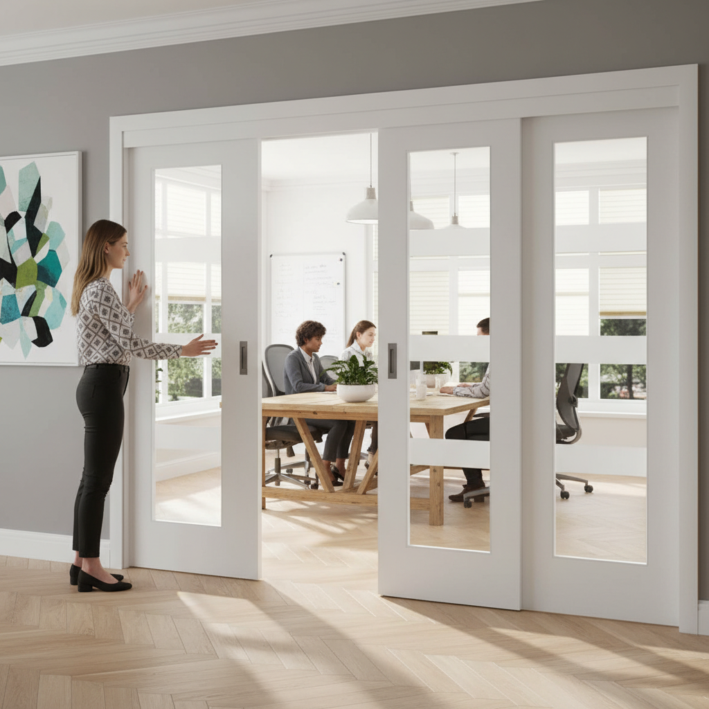 Premium Sliding Room Divider with Clear Glazed Doors and Fixed End Panels for Space Efficiency