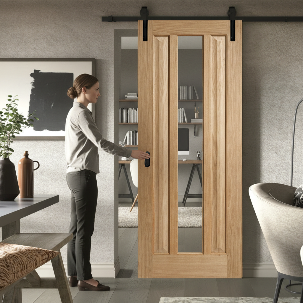 Premium Clear Glazed Face Mounted Sliding Door Set for Wooden Doors Up to 100kg with Rustic Finish Options