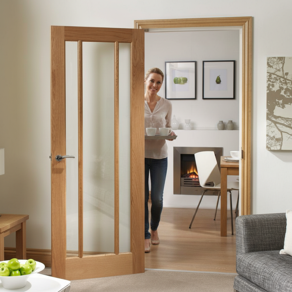Premium Internal Clear Glazed FD30 Fire Door with Oak Veneer, Engineered Construction, and Clear Fire Rated Safety Glass