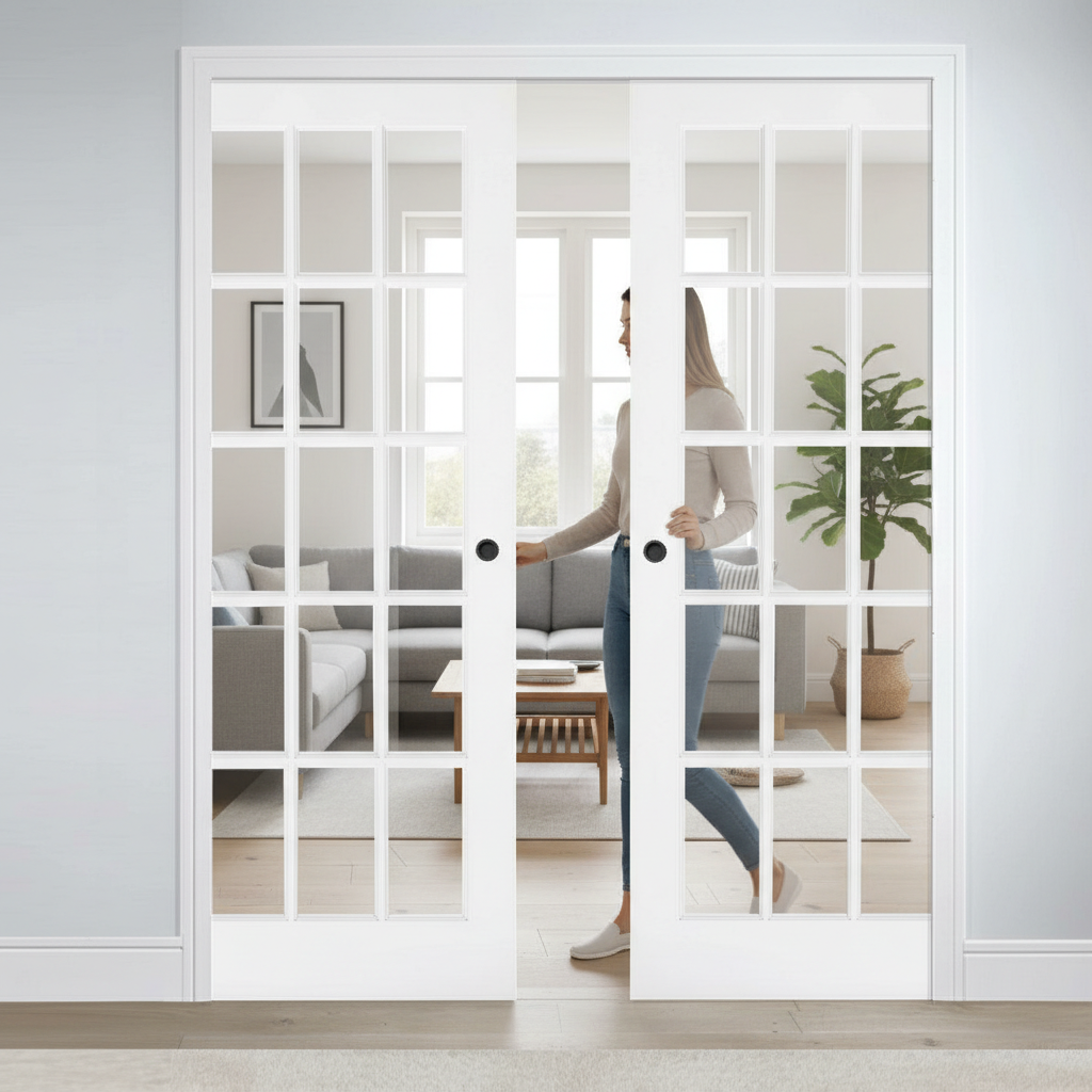 Premium Clear Glazed Double Pocket Door Set - Solid Core with Galvanised Steel Frame and Adjustable Jambs