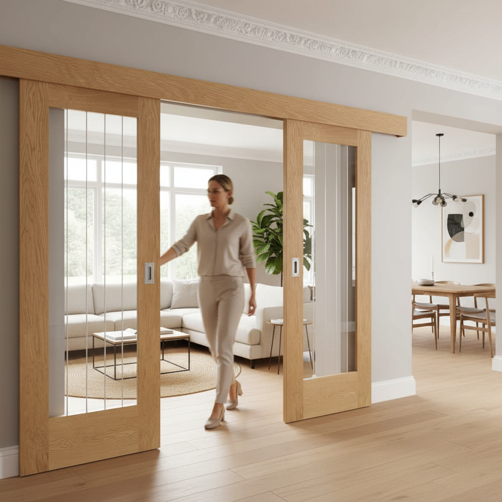 Premium Heavy Duty Double Sliding Door System with Oak Glazed Doors and E-Glide Mechanism for Interior Use
