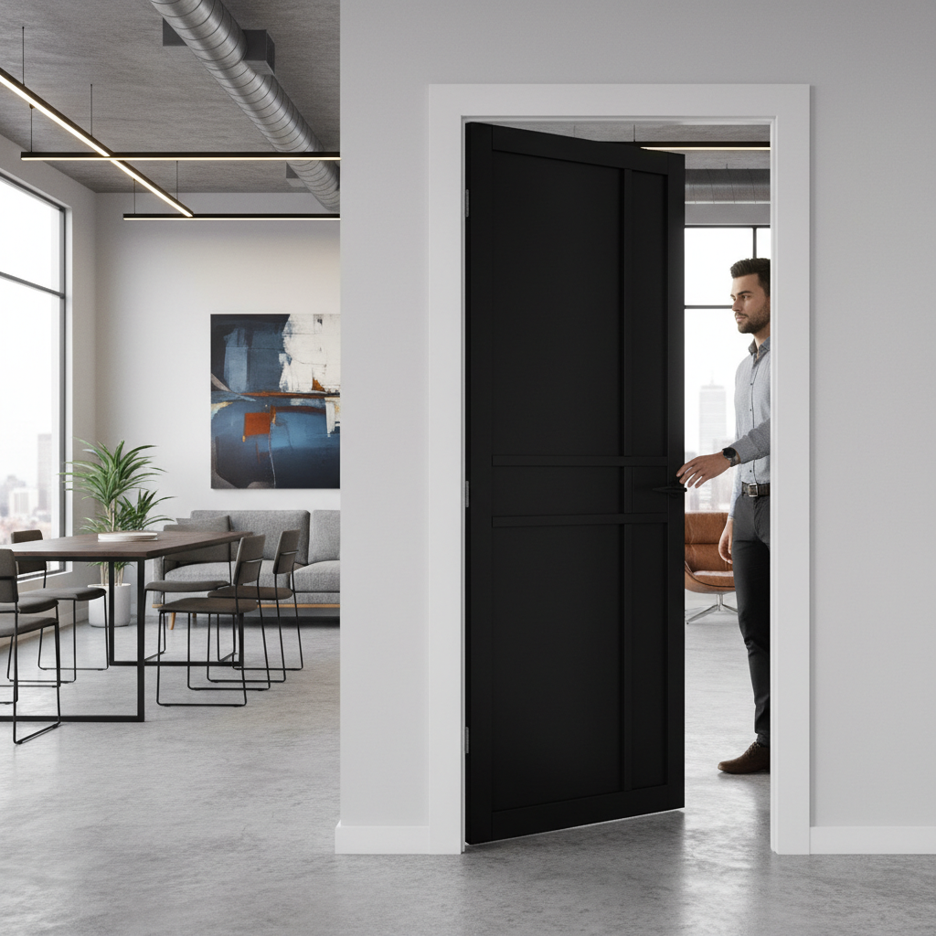 Premium Fully Finished Industrial Style Internal Door in Black or White with Robust MDF Construction and Standard Handle Compatibility