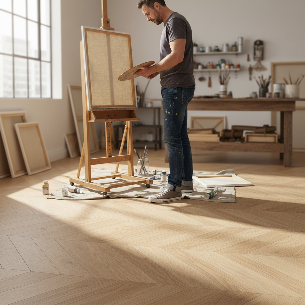 Premium 18mm UV Lacquered Solid Real Wood Flooring in Herringbone Pattern - High-Quality Professional Grade for Industrial and Commercial Applications