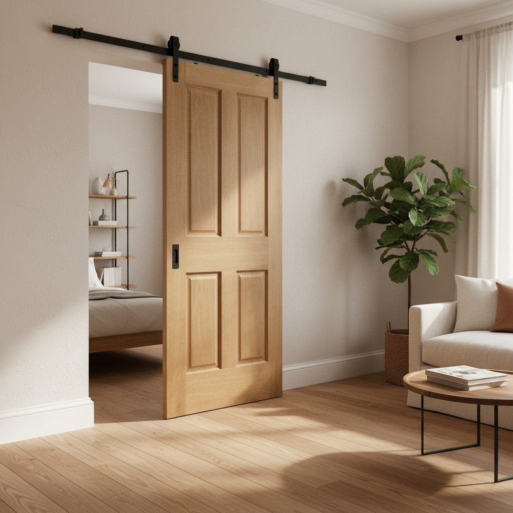 Premium Unfinished Traditional Victorian 4 Panel Sliding Door with Black Steel Track for Timeless Elegance and Space Efficiency - Image 2