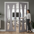 Premium Light Grey French Doors with Distinctive Curved Glass Panels for Stylish Modern Design