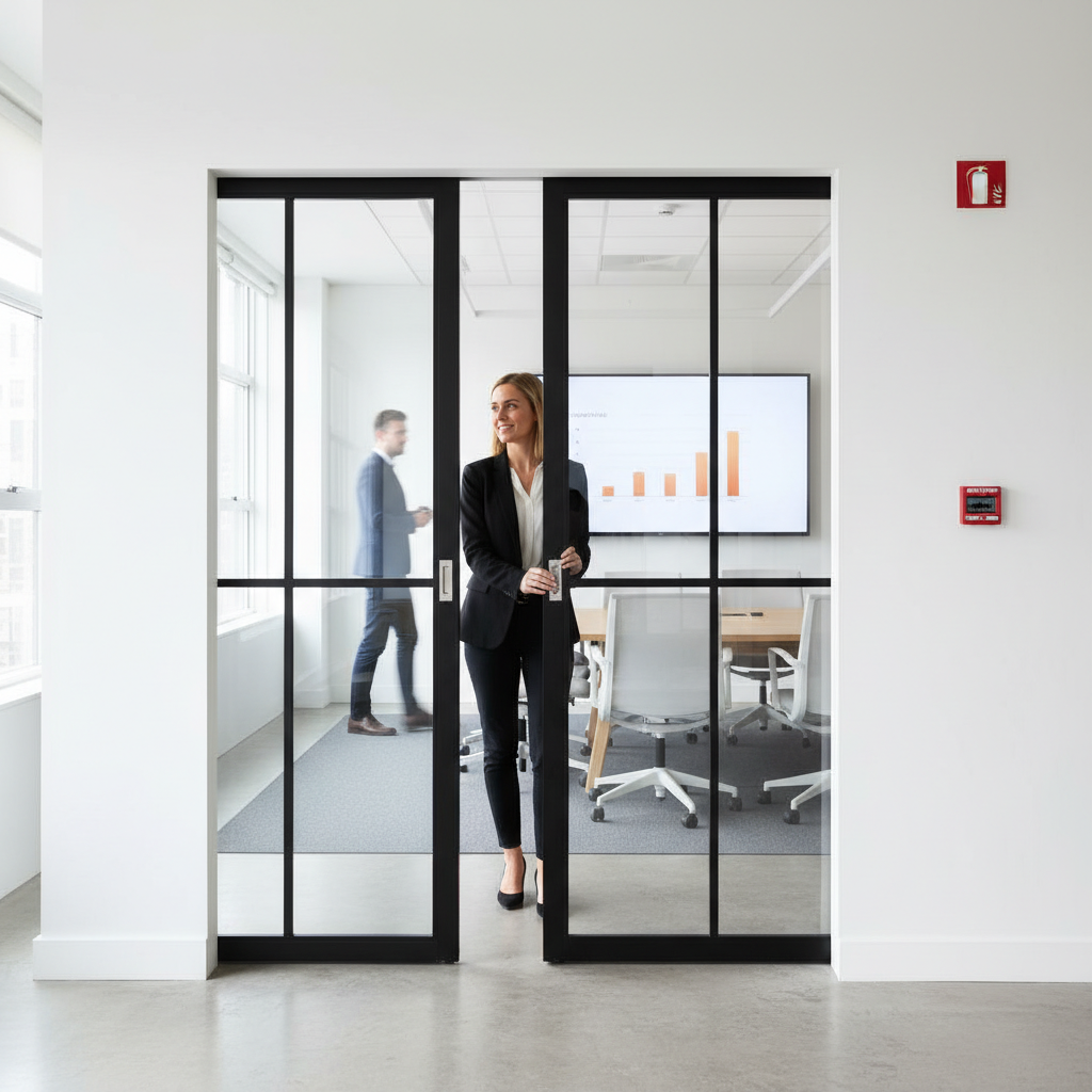 Premium Extra Slim Cross Bar Fire Rated Double Pocket Door System with Custom Frame and Fire Glass Options