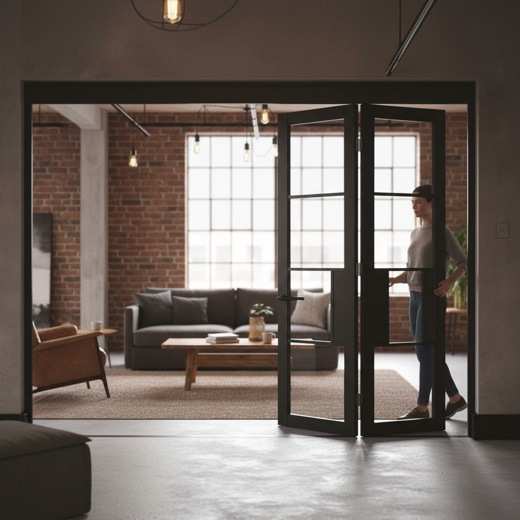 Premium Industrial Style 3 Door Folding Doors with Clear Glass Panels for Home or Apartment