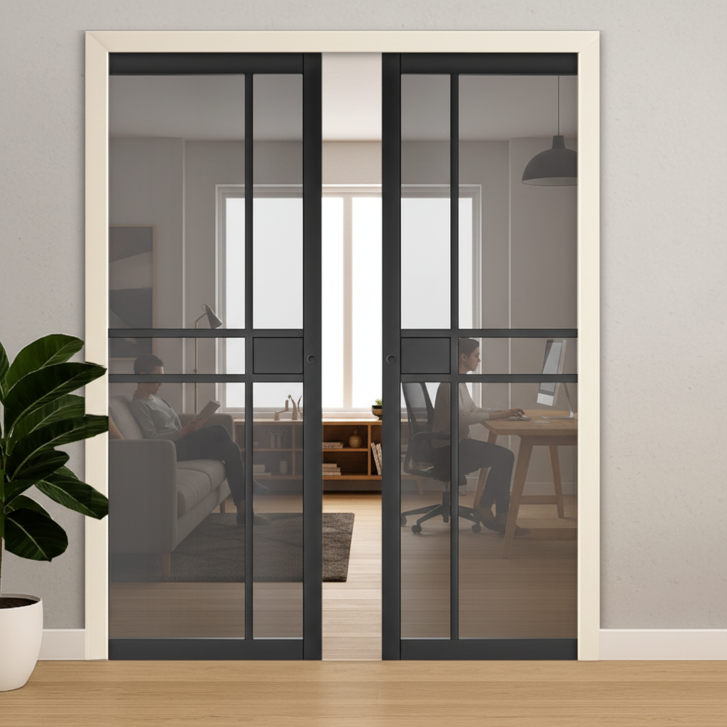 Premium Tinted Glazed Double Pocket Door Set with Galvanized Steel Frame and Adjustable Design for Modern Interiors