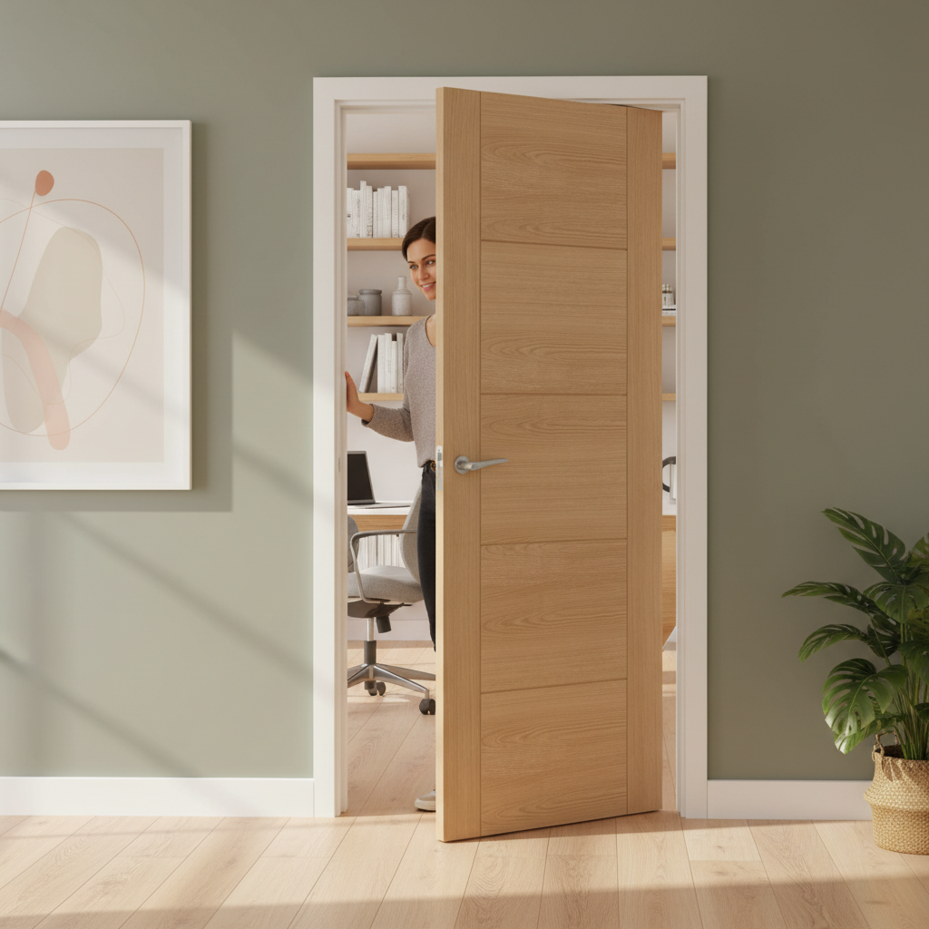 Premium Contemporary Oak Flush Internal Door with 5 Panels and V Grooves for Modern Interiors