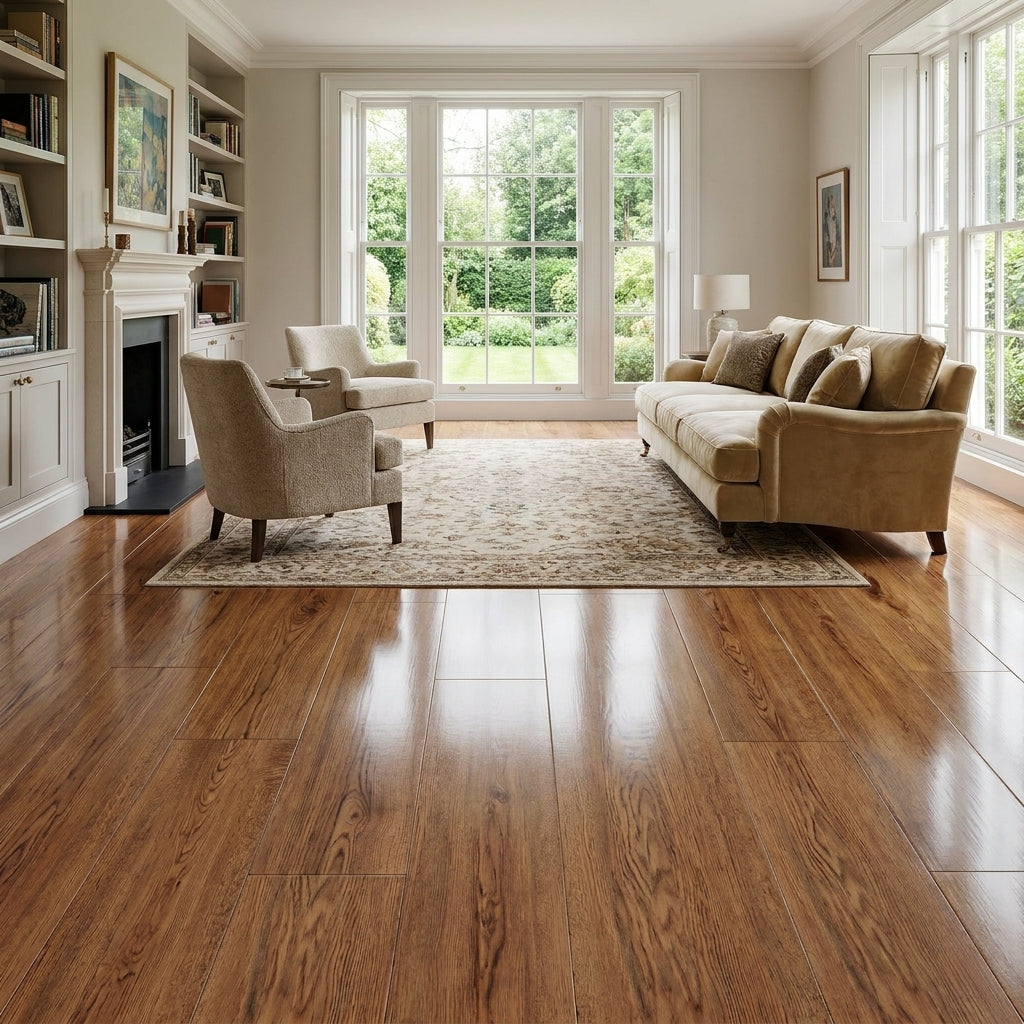 High Gloss Oak Laminate Flooring 8.5mm Thick Water-Resistant 1383 x 244 mm