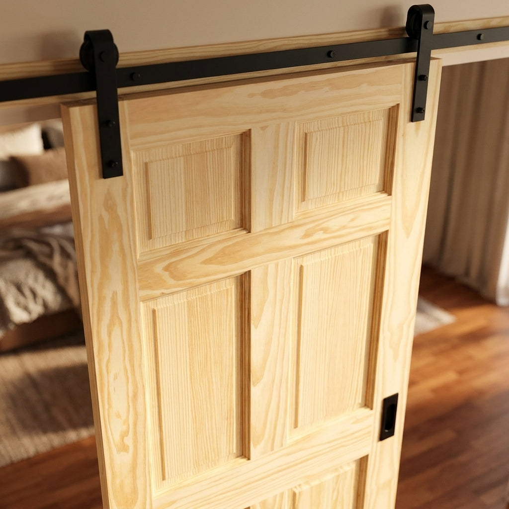 Internal Sliding Door Clear Pine Unfinished 6 Panel Design - Black Top Mounted - detail view