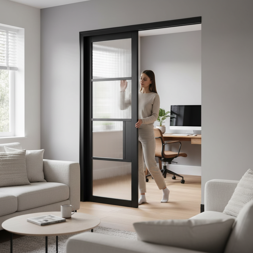 Premium Chelsea Pocket Door System with Reeded Glass Door and Galvanised Steel Frame for Smooth Operation
