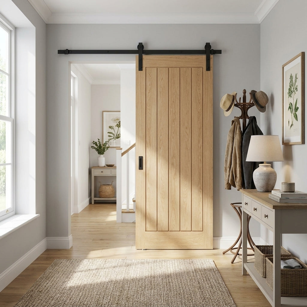 Internal Unfinished Oak Sliding Door with Black Face Mounting