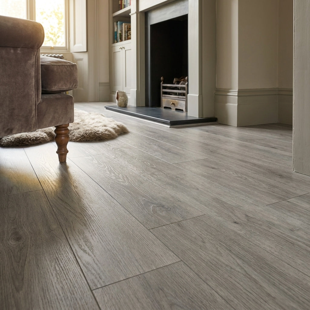 Premium 12mm Waterproof Grey Laminate Flooring 4V Bevel Edge 1375 x 188 mm - detail view