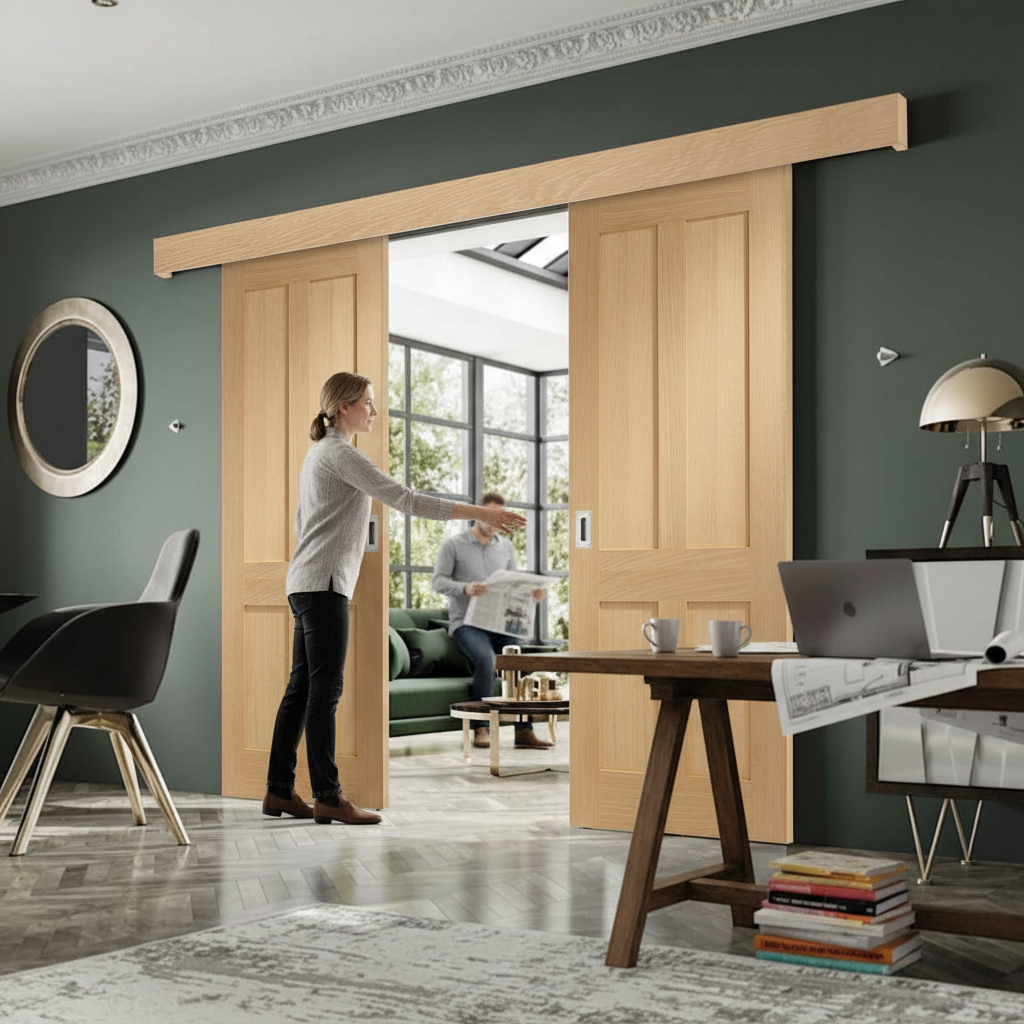 Premium Double Sliding Door System with Oak Victorian Shaker Doors and Track Mechanism for Stylish Interior Spaces