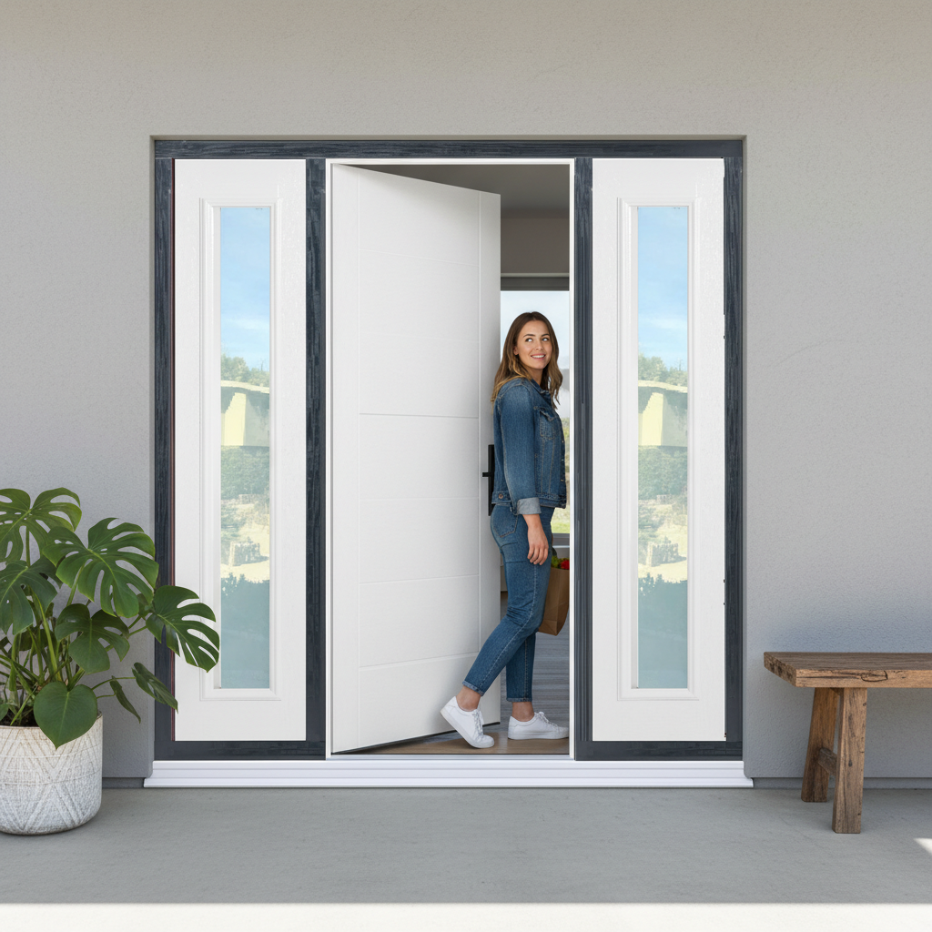 Premium Contemporary Composite Grand Entrance Door with Frosted Sidelights - Low Maintenance, Thermally Efficient Design