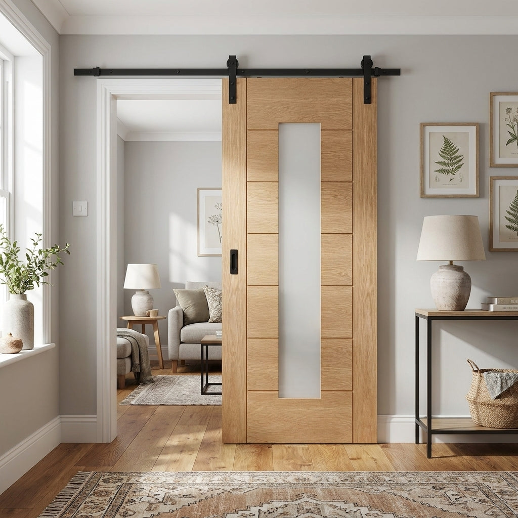 Oak Internal Sliding Door Fully Finished 1 Light Clear Glass - Black Face Mounted