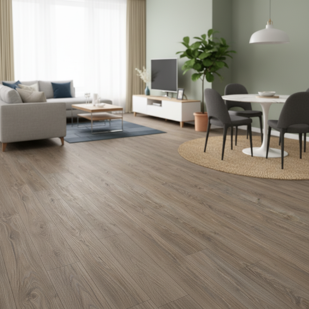 Premium 8mm Embossed Laminate Flooring in Twilight Oak Color - Water-Resistant Surface for Kitchens and Bathrooms