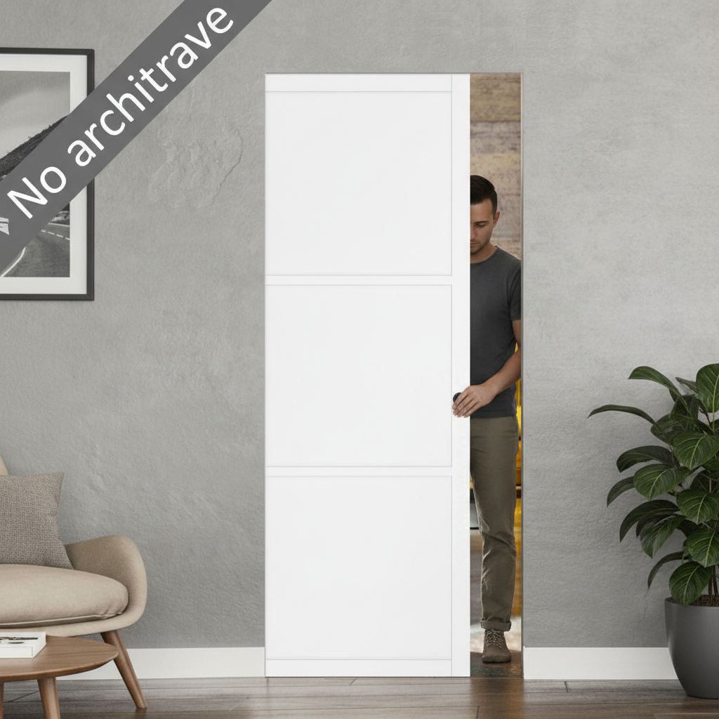 Premium 3 Panel White Flush Pocket Door Set with No Bottom Track, Space-Saving Design, and 15-Year Guarantee