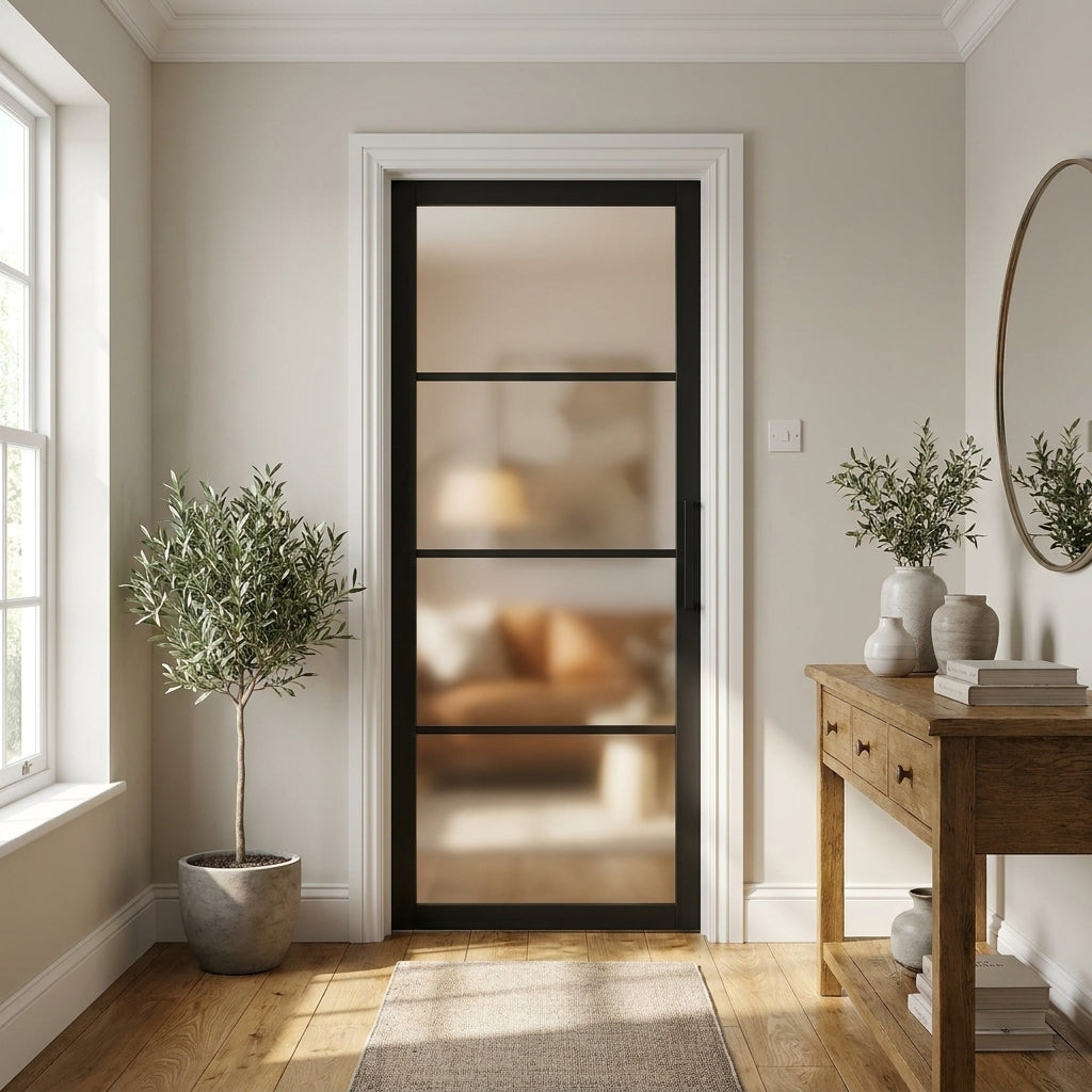 Internal Made-to-Measure Jet Black Door with 4 Light Obscure Glass, Fully Finished