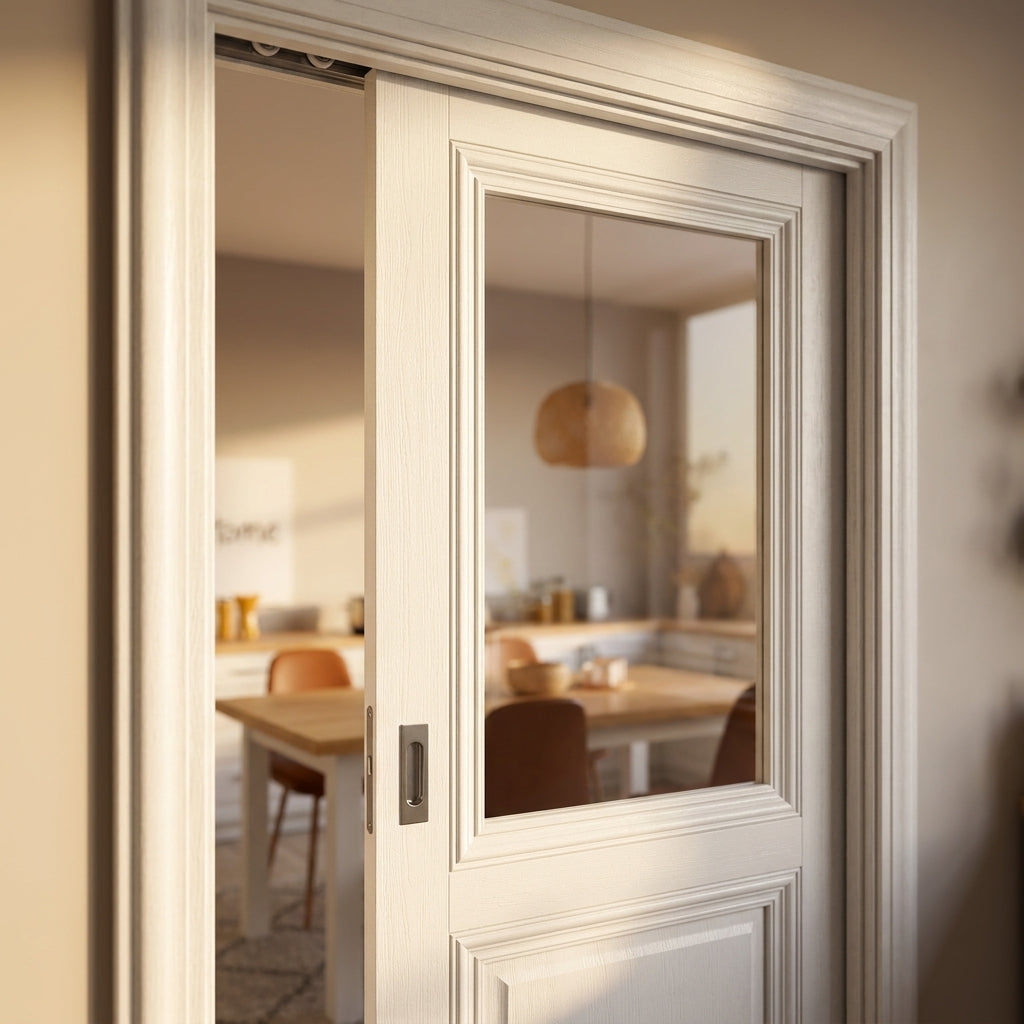 Internal Pocket Door Set, White Primed, 100mm, Pattern 10, Solid Core - detail view