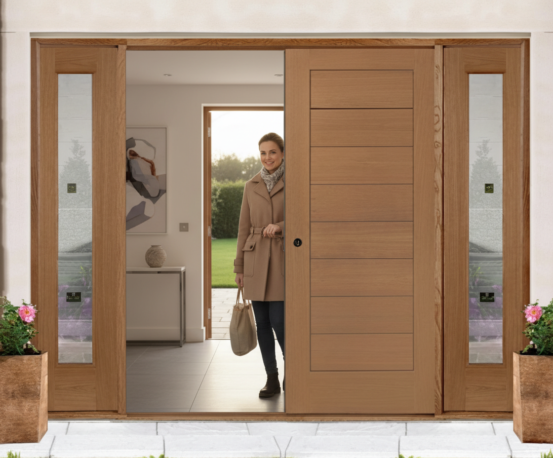 Premium Double Entrance Doors with Clear Glazed Sidelights - 44mm Thick, Adjustable Height