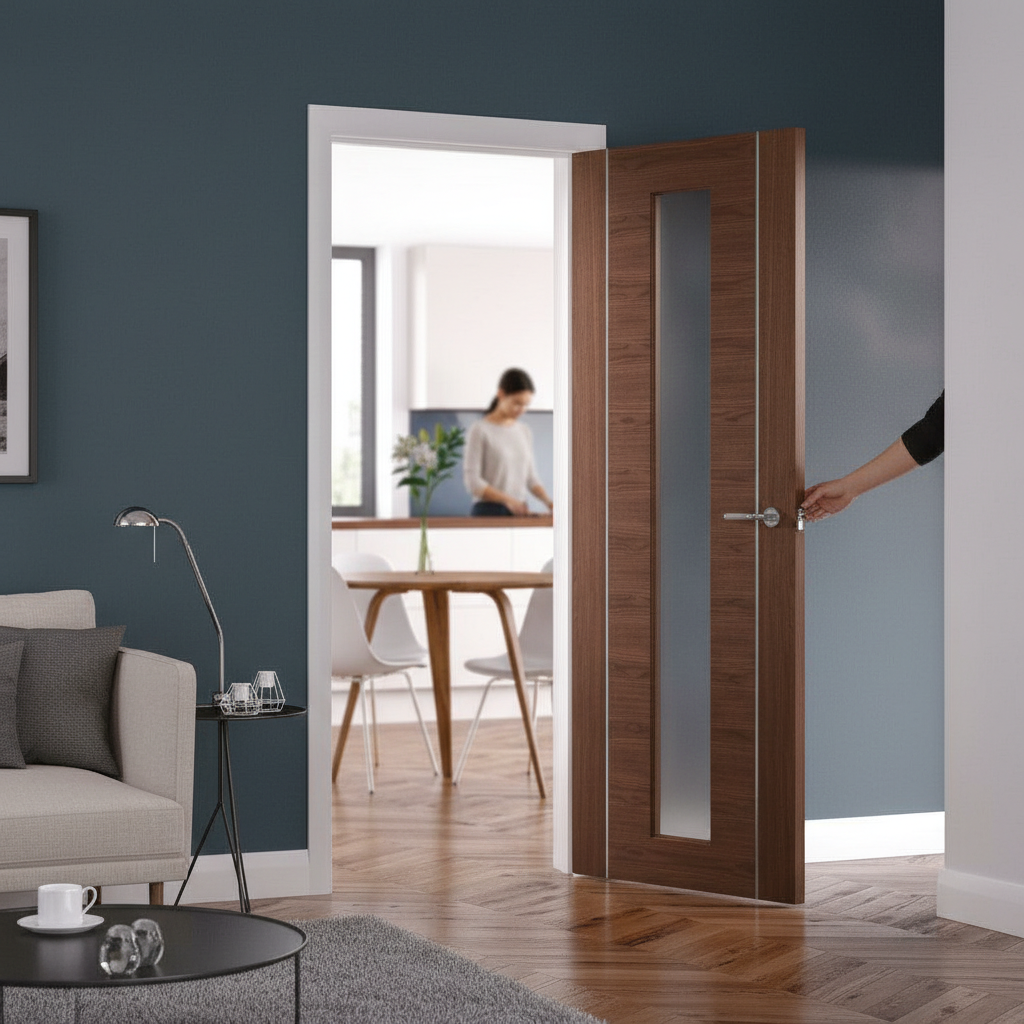 Premium Contemporary Walnut Door with Clear Toughened Glass and Engineered Construction for Modern Homes