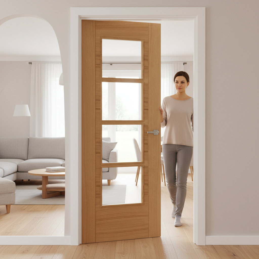 Premium Contemporary Oak Flush 4 Light Internal Door with Safety Glass and Engineered Construction
