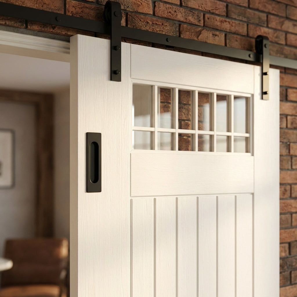 Cottage 1 Light Sliding Internal Door with Etched Clear Glass, Primed Finish - detail view