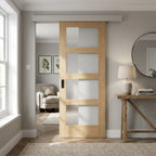 Oak Internal Pocket Door Set Unfinished with 4 Light Obscure Glass Frame