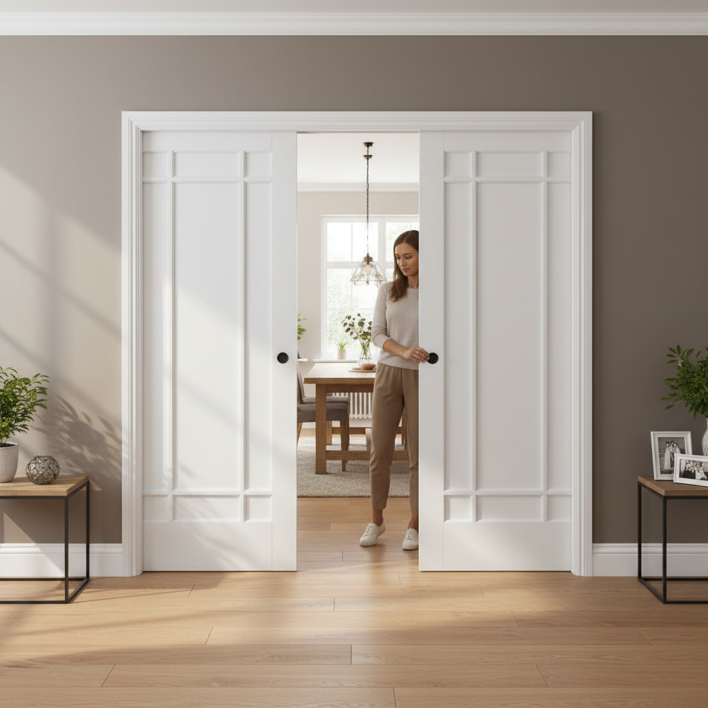 Premium 9 Panel Double Pocket Door Set - Space-Saving Design with Galvanised Steel Frame and Timber Lining Kit