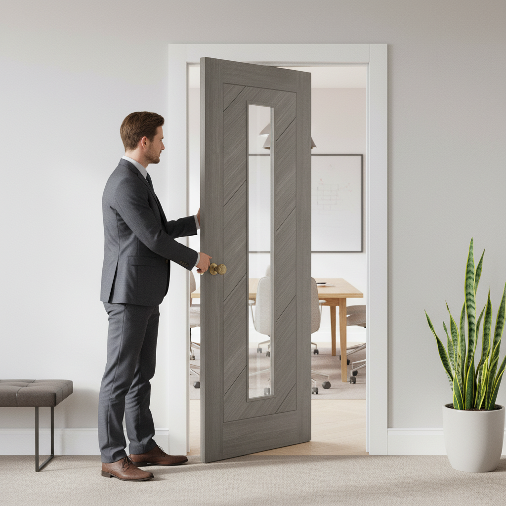 Premium Fully Finished Light Grey Laminate Interior Clear Glass Door with Natural Light Enhancement and Lifetime Guarantee