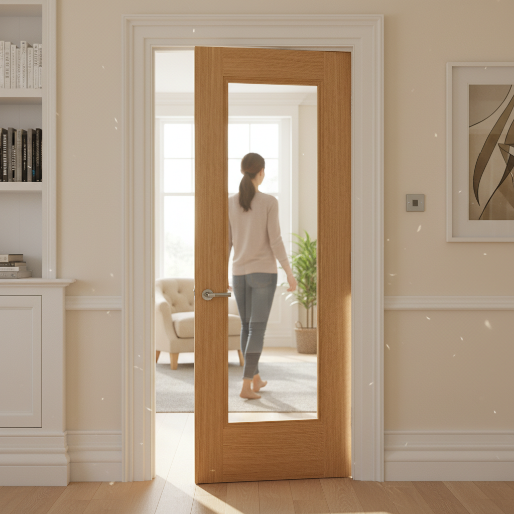 Premium Clear Glazed Internal Door with Large Glass Panel and Engineered Construction for Strength and Stability