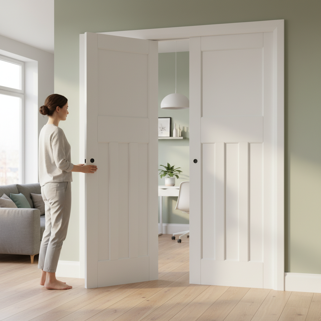Premium Double Pocket Door Set with Solid Core and Galvanised Steel Frame - Elegant 30's Style Design