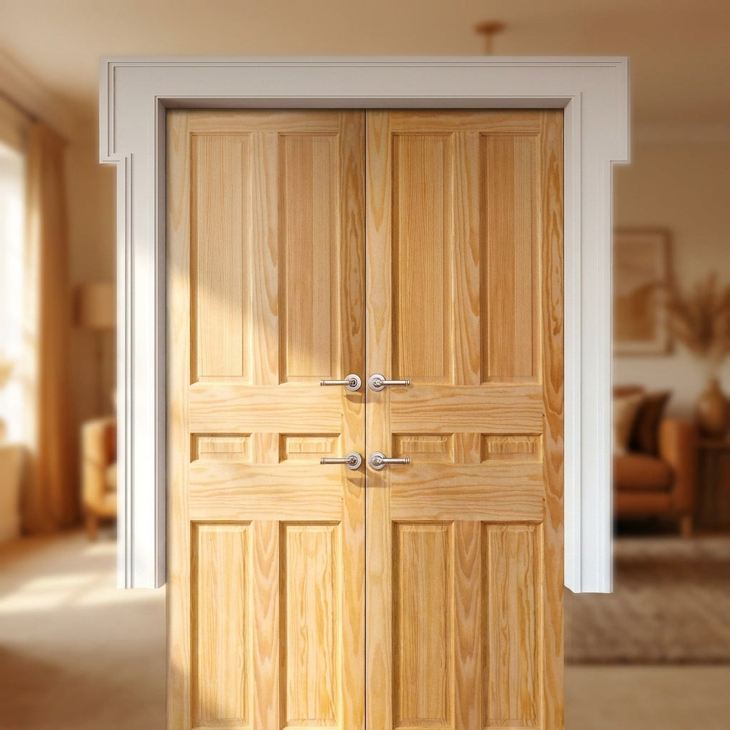 Internal 4 Panel Pair Door, Unfinished Clear Pine, Solid Core Construction - detail view