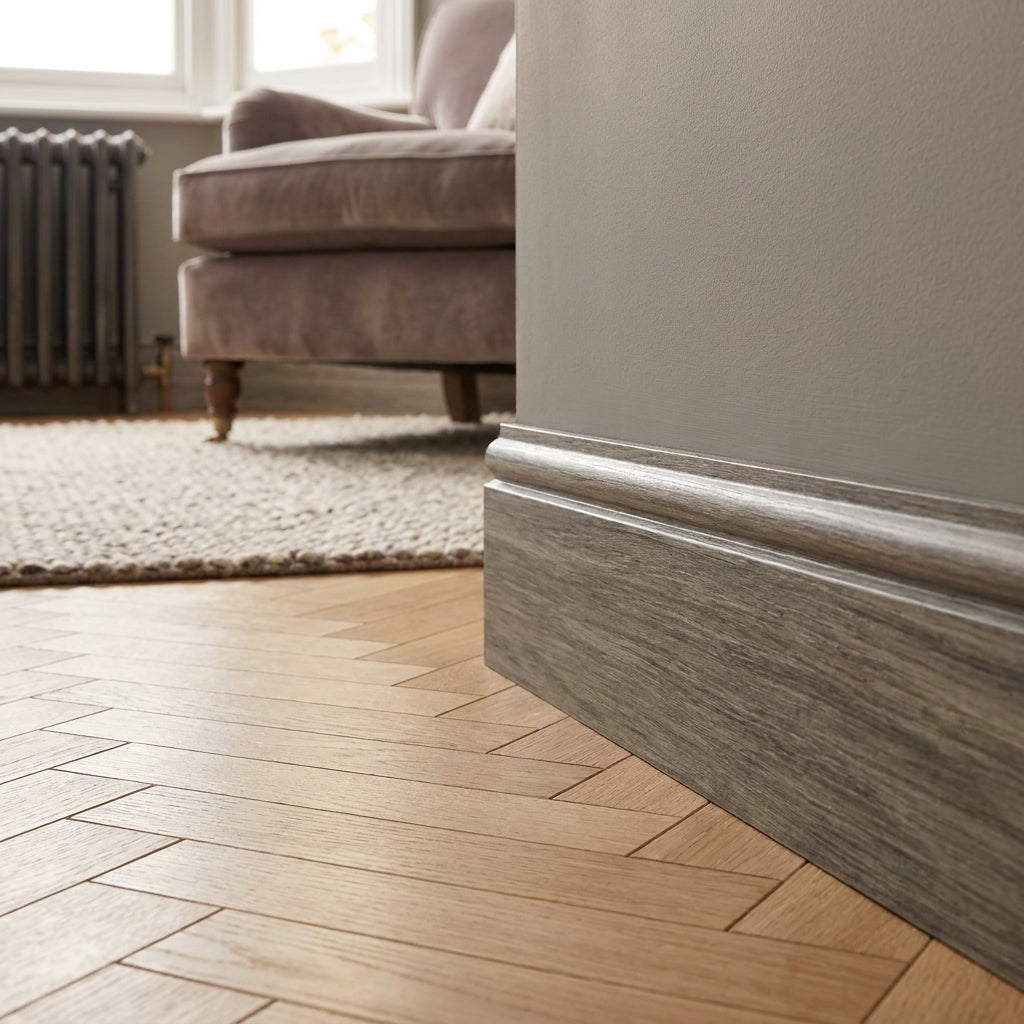 Laminate Skirting Board Medium Grey 2400mm x 15mm, Torus Profile 63-116mm - detail view