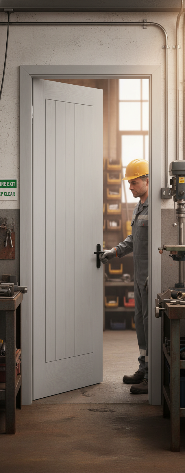 Premium Vertical 5P Textured Grey Moulded Fire Door with Engineered Components and 10-Year Guarantee