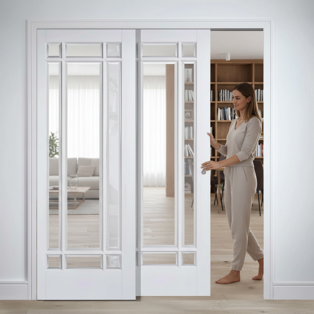 Premium White Glazed Telescopic Pocket Door Set with Wooden Frame and Synchronization Option for Wide Openings